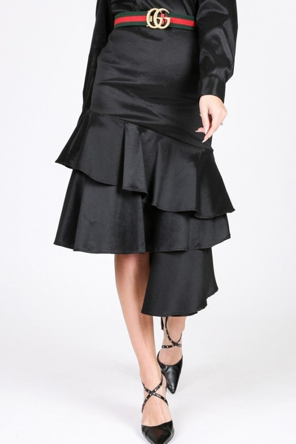 Asymmetrical Ruffle Bottom Satin Skirt product image