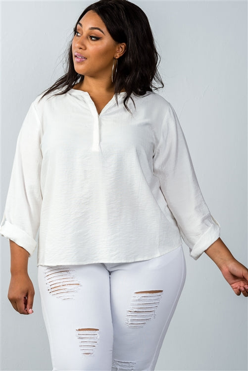 Plus Size Oatmeal Stand-up Collar Roll Tab Sleeve Blouse product image