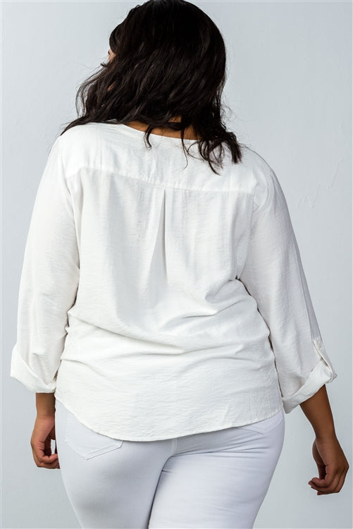 Plus Size Oatmeal Stand-up Collar Roll Tab Sleeve Blouse product image