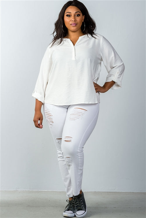 Plus Size Oatmeal Stand-up Collar Roll Tab Sleeve Blouse product image