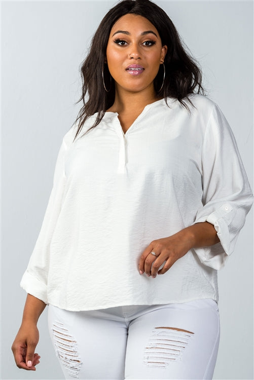 Plus Size Oatmeal Stand-up Collar Roll Tab Sleeve Blouse product image