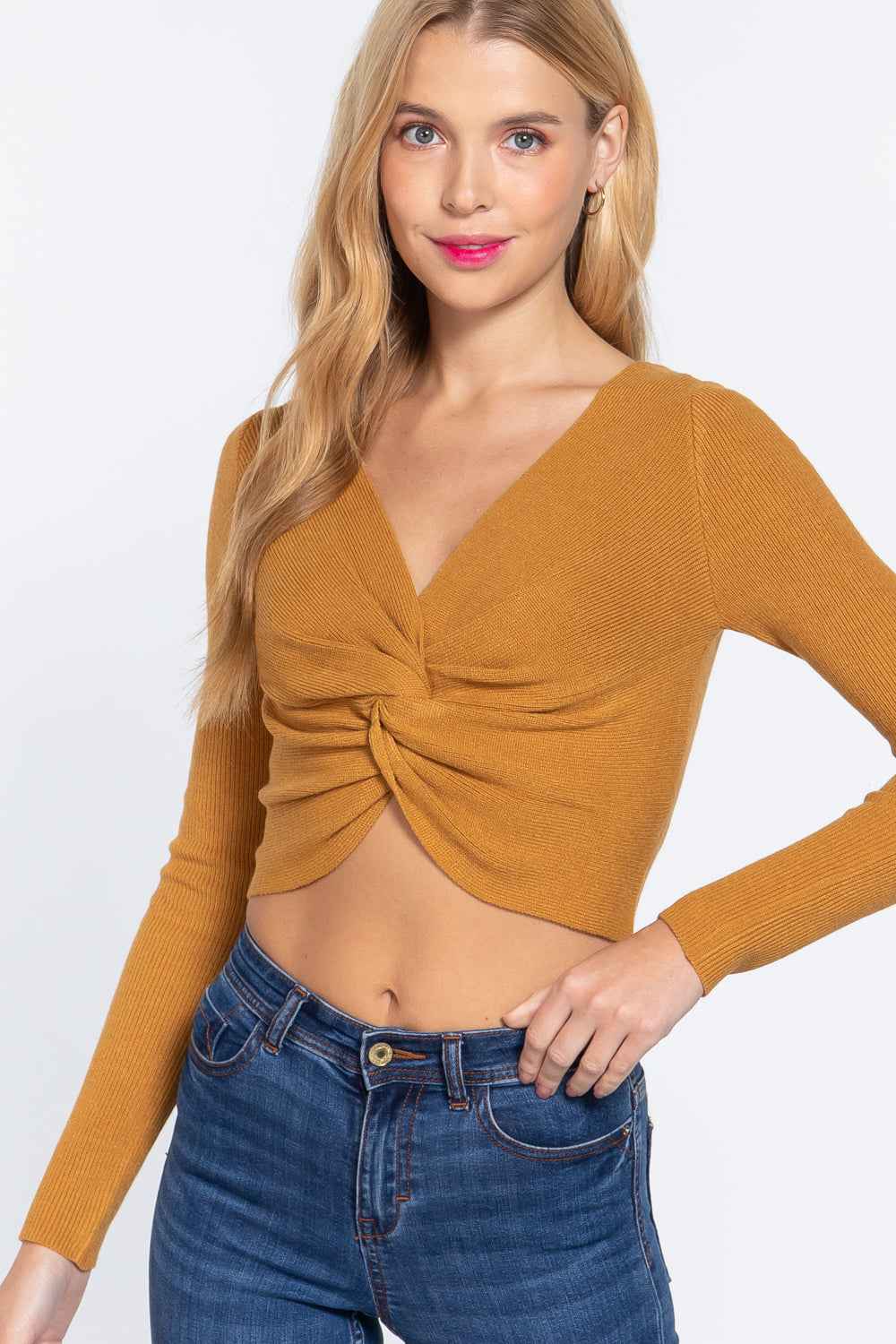 V-neck Front Knotted Crop Sweater V-neck Front Knotted Crop Sweater