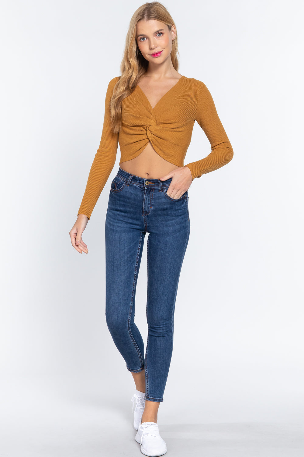 V-neck Front Knotted Crop Sweater product image