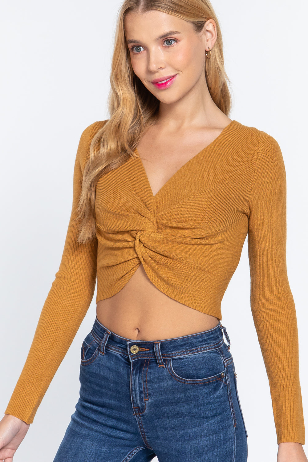 V-neck Front Knotted Crop Sweater product image