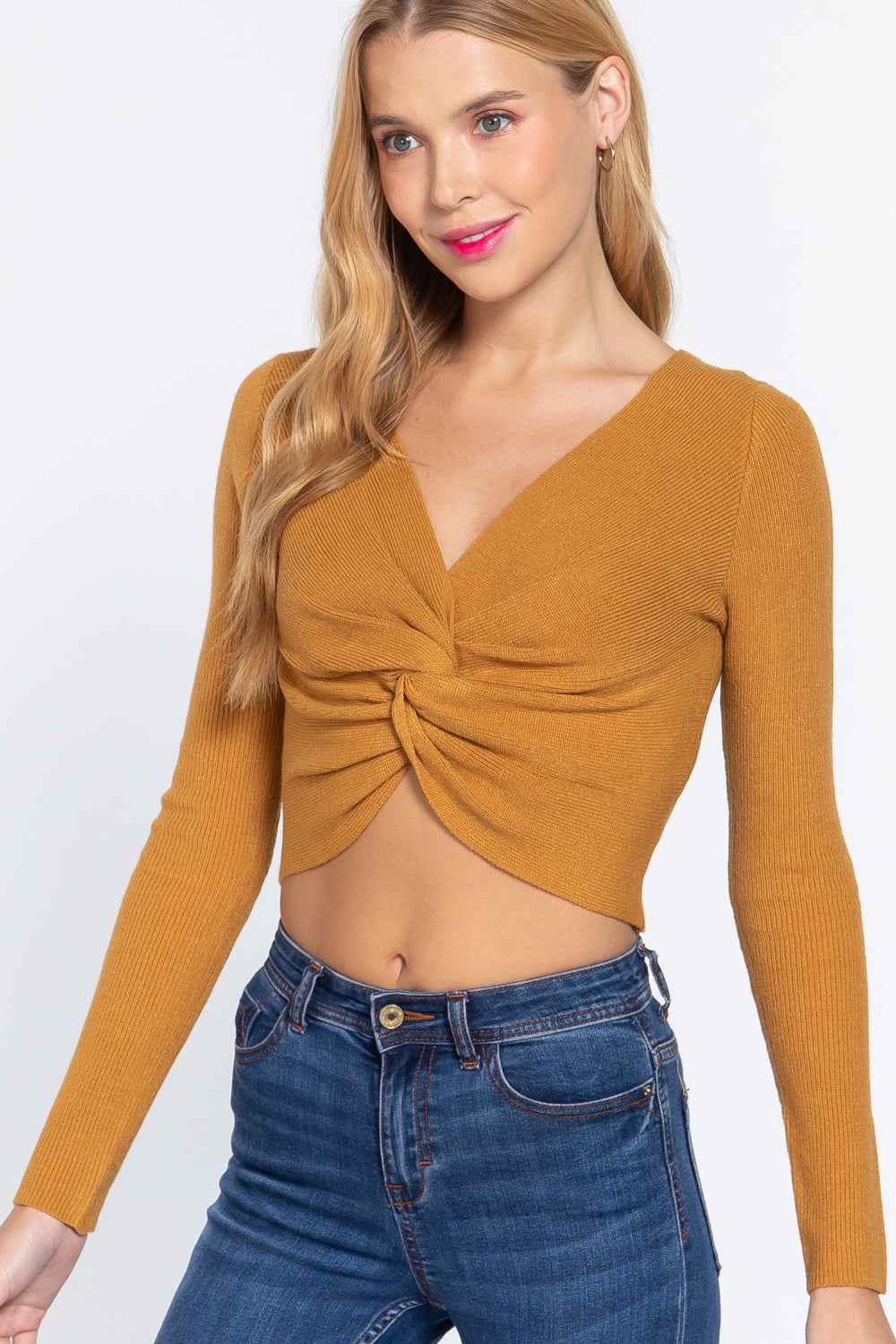 V-neck Front Knotted Crop Sweater V-neck Front Knotted Crop Sweater