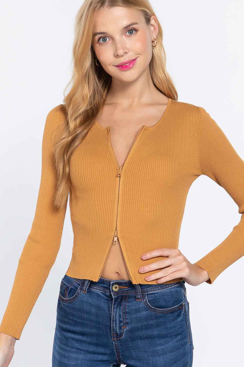 Rib Sweater Top W/front Zipper Rib Sweater Top W/front Zipper