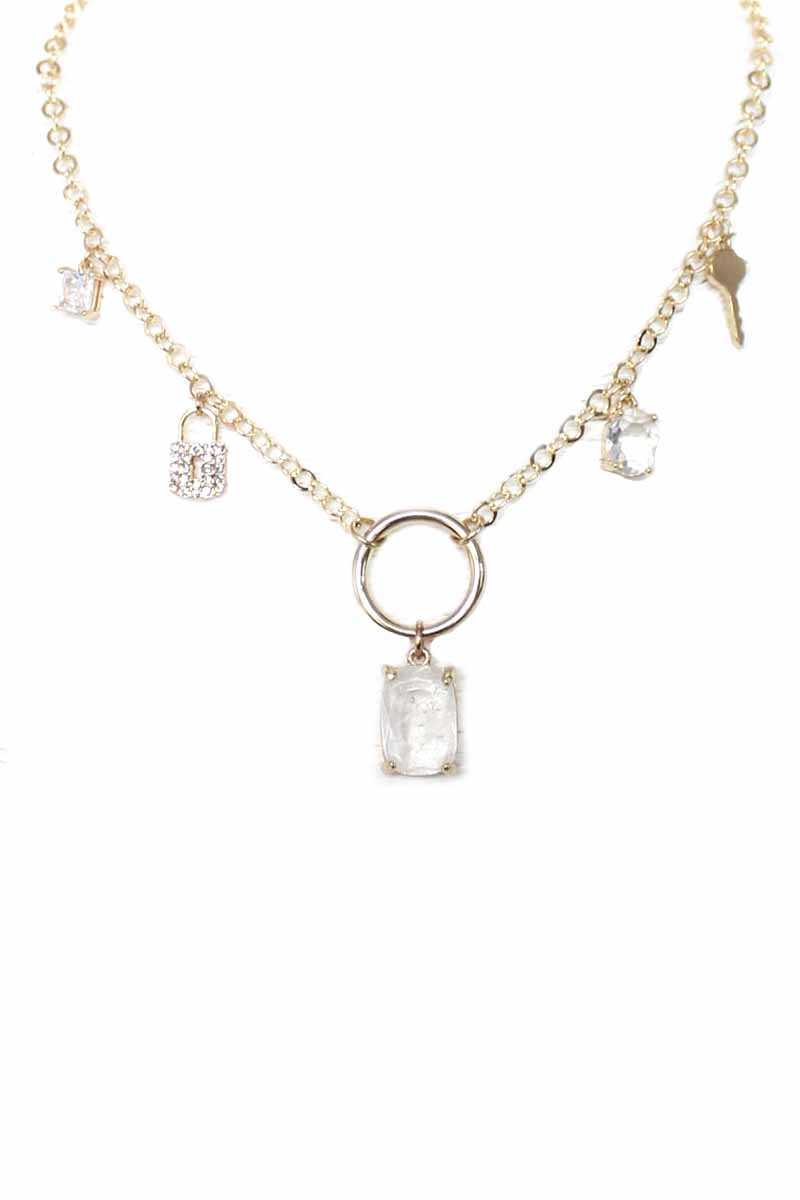 Metal Chain Crystal Stone Lock And Key Dangle Necklace product image