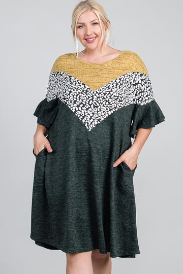 Ruffled Sleeve A Line Hidden Pocket Color Block Dress product image