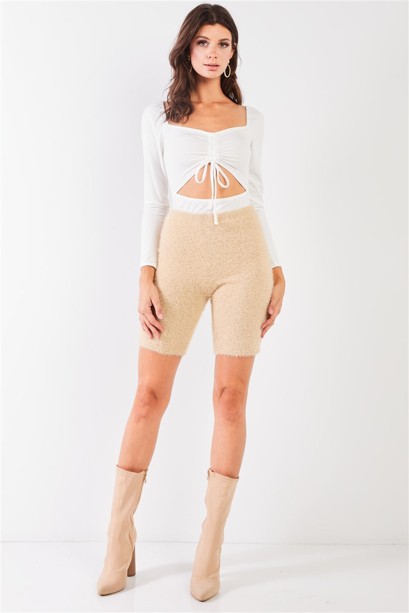 Oatmeal Beige Knit High Waist Stretchy Warm Fuzzy Biker Shorts product image