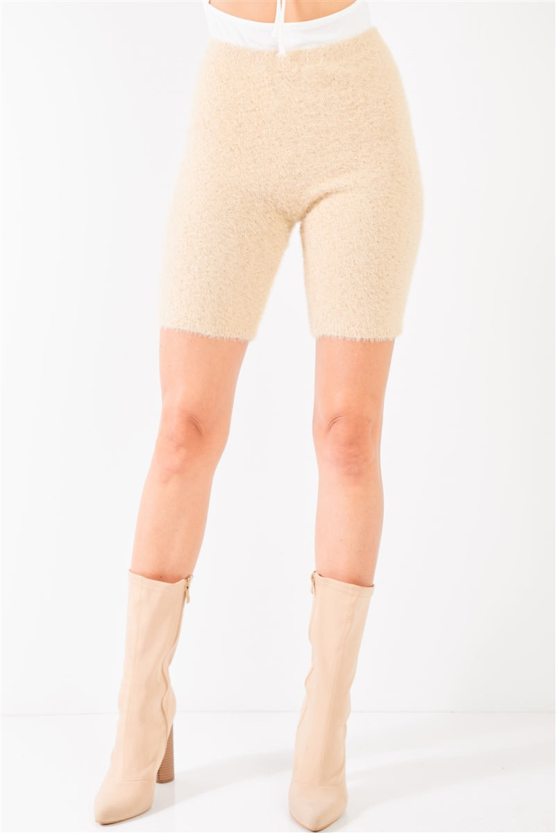 Oatmeal Beige Knit High Waist Stretchy Warm Fuzzy Biker Shorts product image