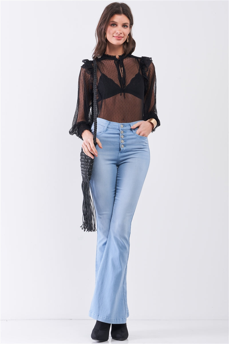 Black Sheer Mesh Polka Dot Frill Trim Long Sleeve Bodysuit product image