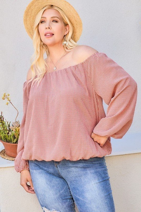 Off Shoulder Long Bubble Sleeve Plaid Top product image