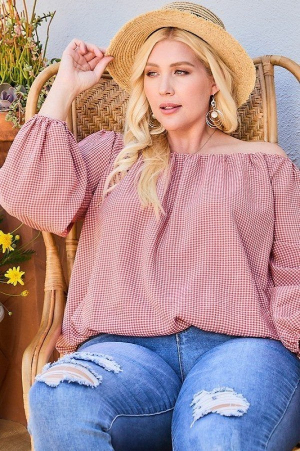 Off Shoulder Long Bubble Sleeve Plaid Top product image