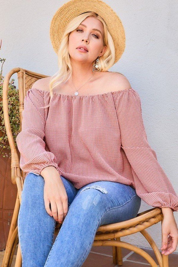 Off Shoulder Long Bubble Sleeve Plaid Top product image