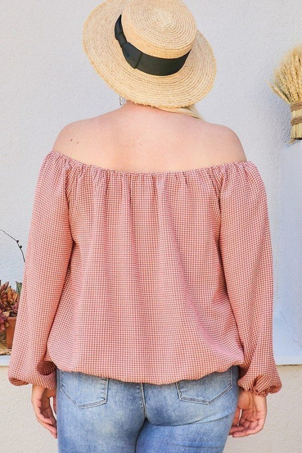 Off Shoulder Long Bubble Sleeve Plaid Top product image