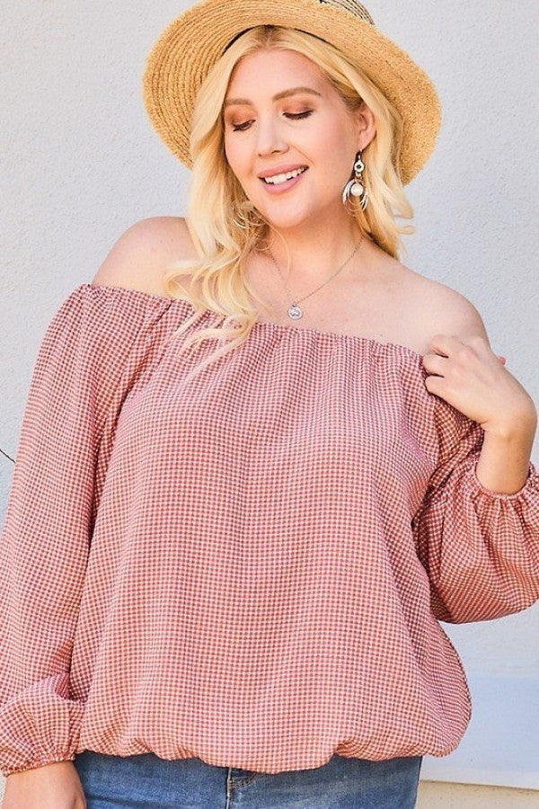 Off Shoulder Long Bubble Sleeve Plaid Top product image