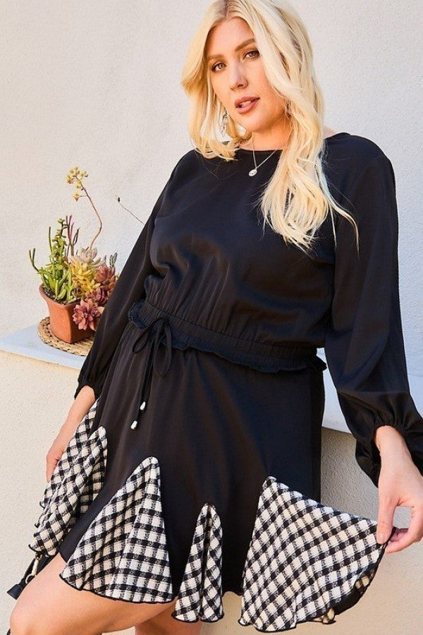 Round Neck 3/4 Bubble Sleeve Gingham Ruffle Romper product image