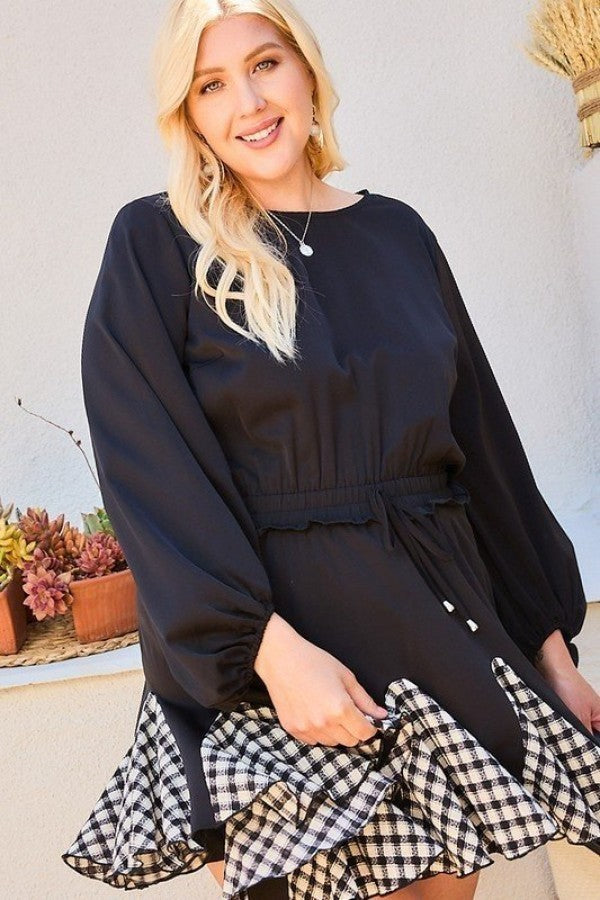 Round Neck 3/4 Bubble Sleeve Gingham Ruffle Romper product image