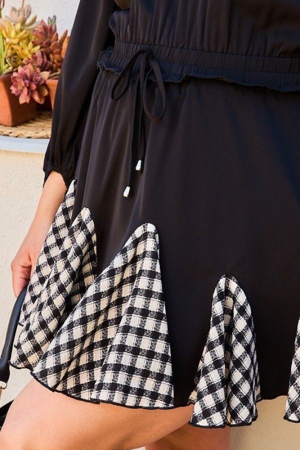 Round Neck 3/4 Bubble Sleeve Gingham Ruffle Romper product image