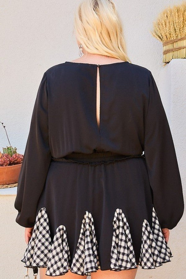 Round Neck 3/4 Bubble Sleeve Gingham Ruffle Romper product image