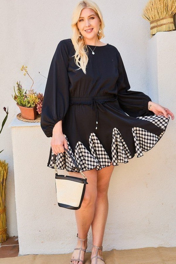 Round Neck 3/4 Bubble Sleeve Gingham Ruffle Romper product image