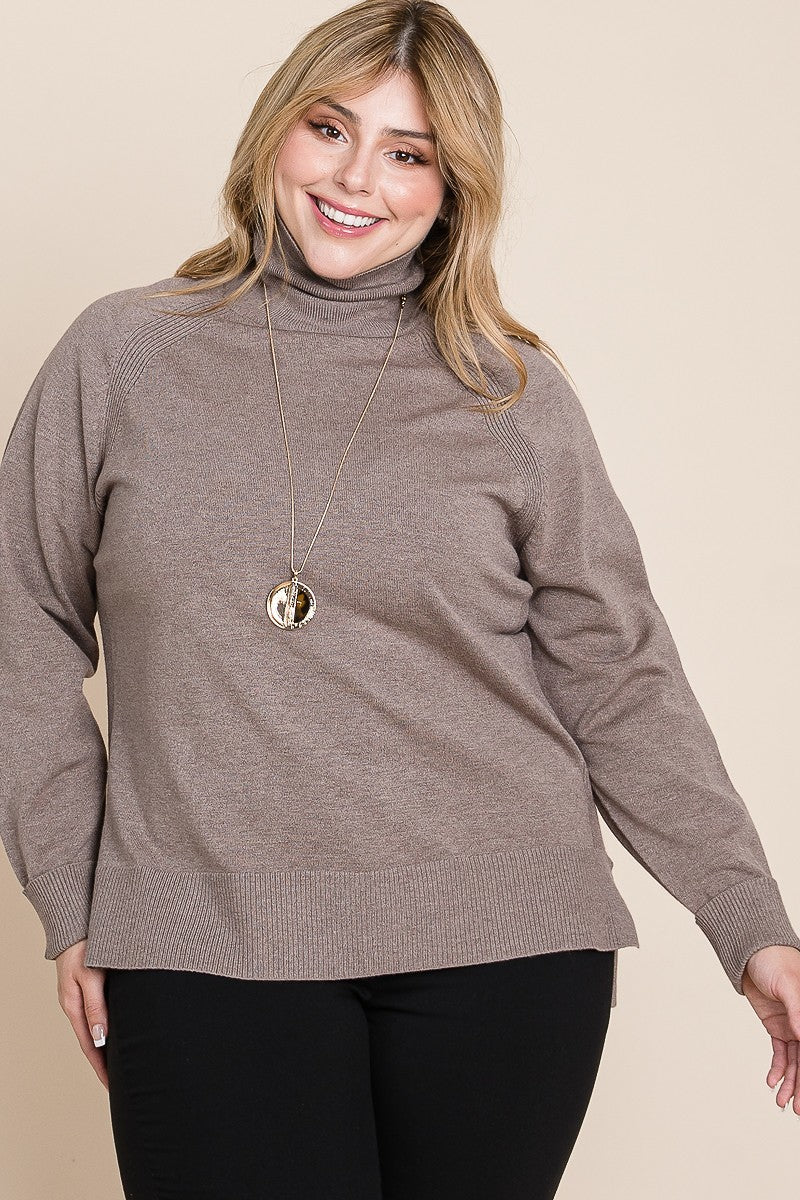 Plus Size High Quality Buttery Soft Solid Knit Turtleneck Two Tone High Low Hem Sweater product image