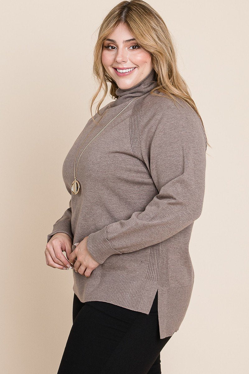 Plus Size High Quality Buttery Soft Solid Knit Turtleneck Two Tone High Low Hem Sweater product image