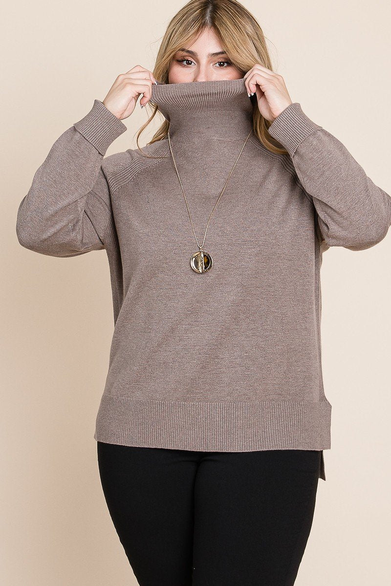 Plus Size High Quality Buttery Soft Solid Knit Turtleneck Two Tone High Low Hem Sweater product image