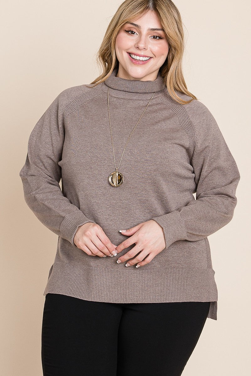 Plus Size High Quality Buttery Soft Solid Knit Turtleneck Two Tone High Low Hem Sweater product image