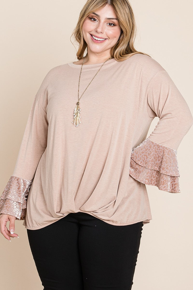 Plus Size Two Tier Velvet Animal Mesh Sleeves Solid Knit Top product image