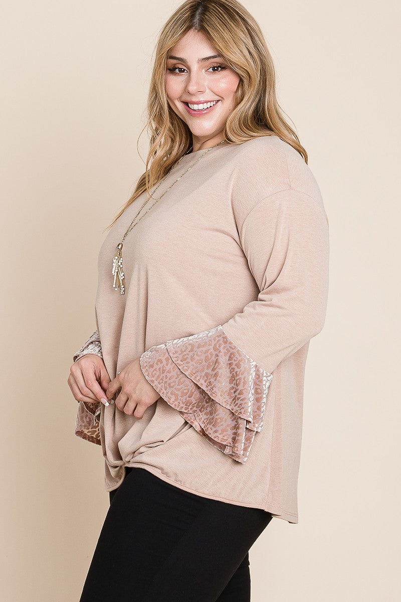 Plus Size Two Tier Velvet Animal Mesh Sleeves Solid Knit Top product image