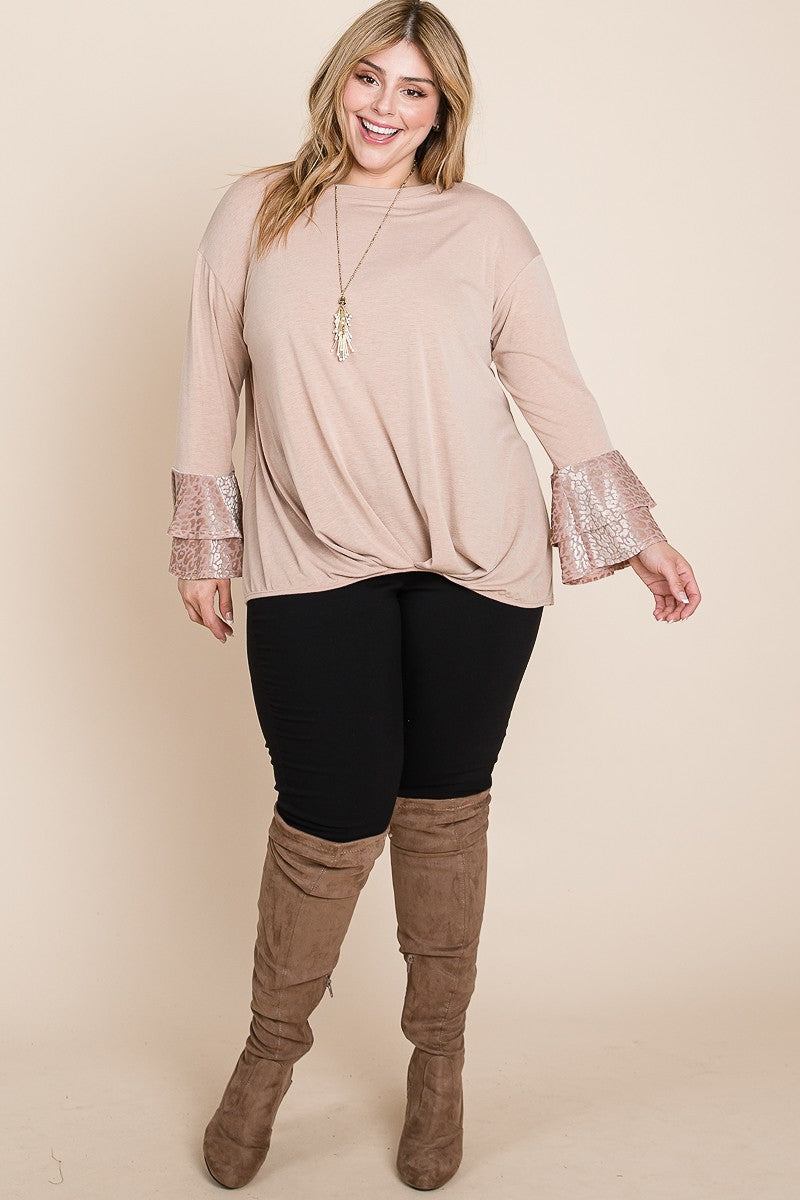 Plus Size Two Tier Velvet Animal Mesh Sleeves Solid Knit Top product image
