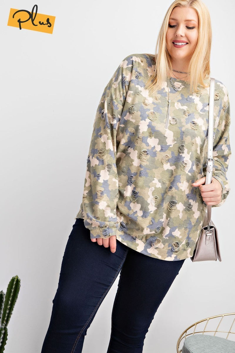 Plus Size Long Sleeve Distressed Printed Rayon Pullover Top product image