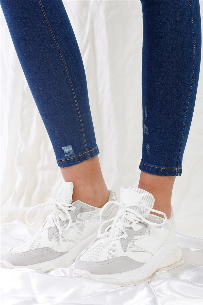 Dark Blue High-waisted With Rips Skinny Denim Jeans product image