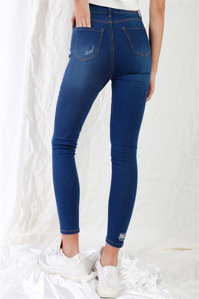 Dark Blue High-waisted With Rips Skinny Denim Jeans product image