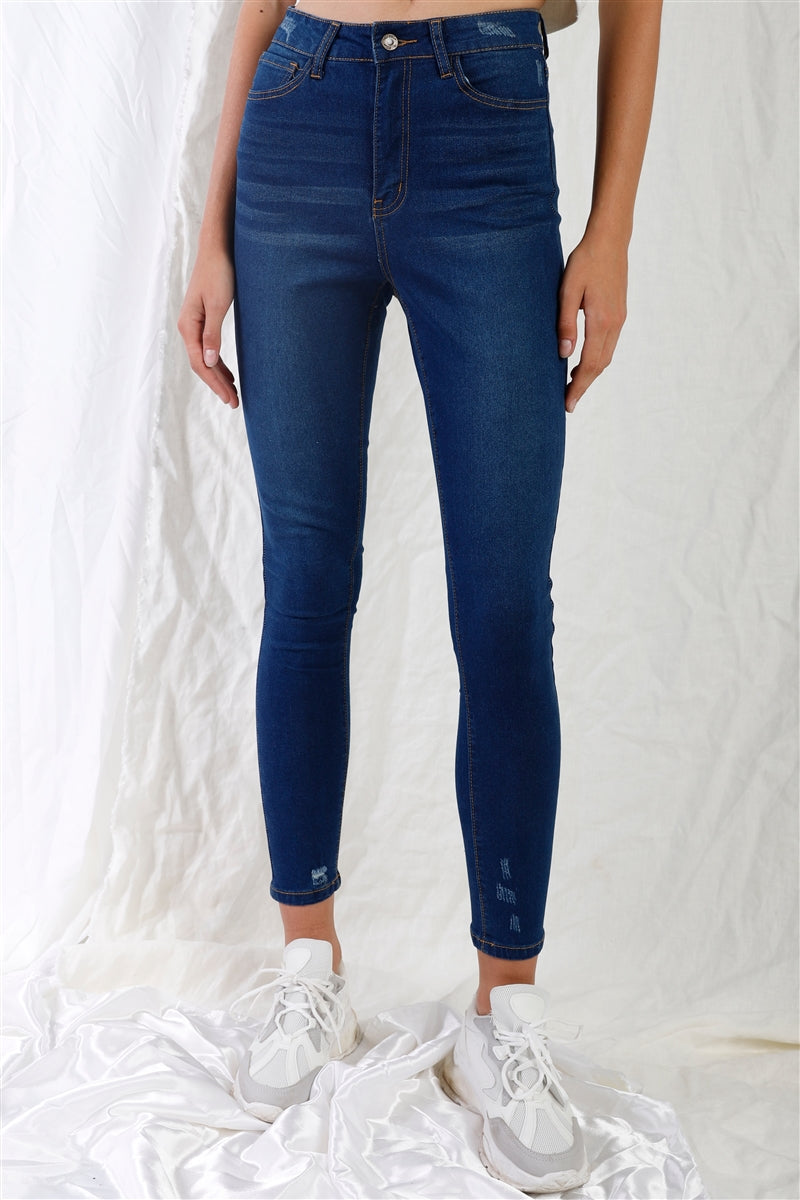 Dark Blue High-waisted With Rips Skinny Denim Jeans product image