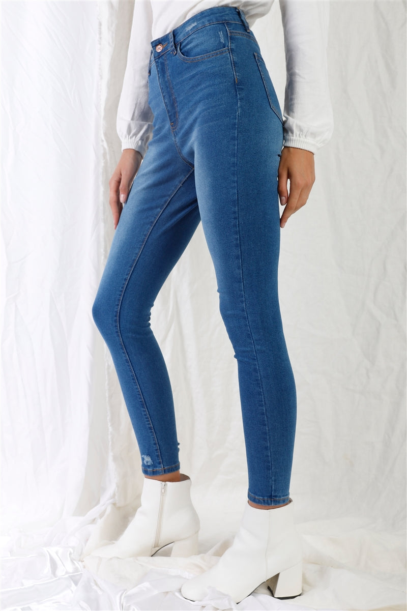 Mid Blue High-waisted With Rips Skinny Denim Jeans product image