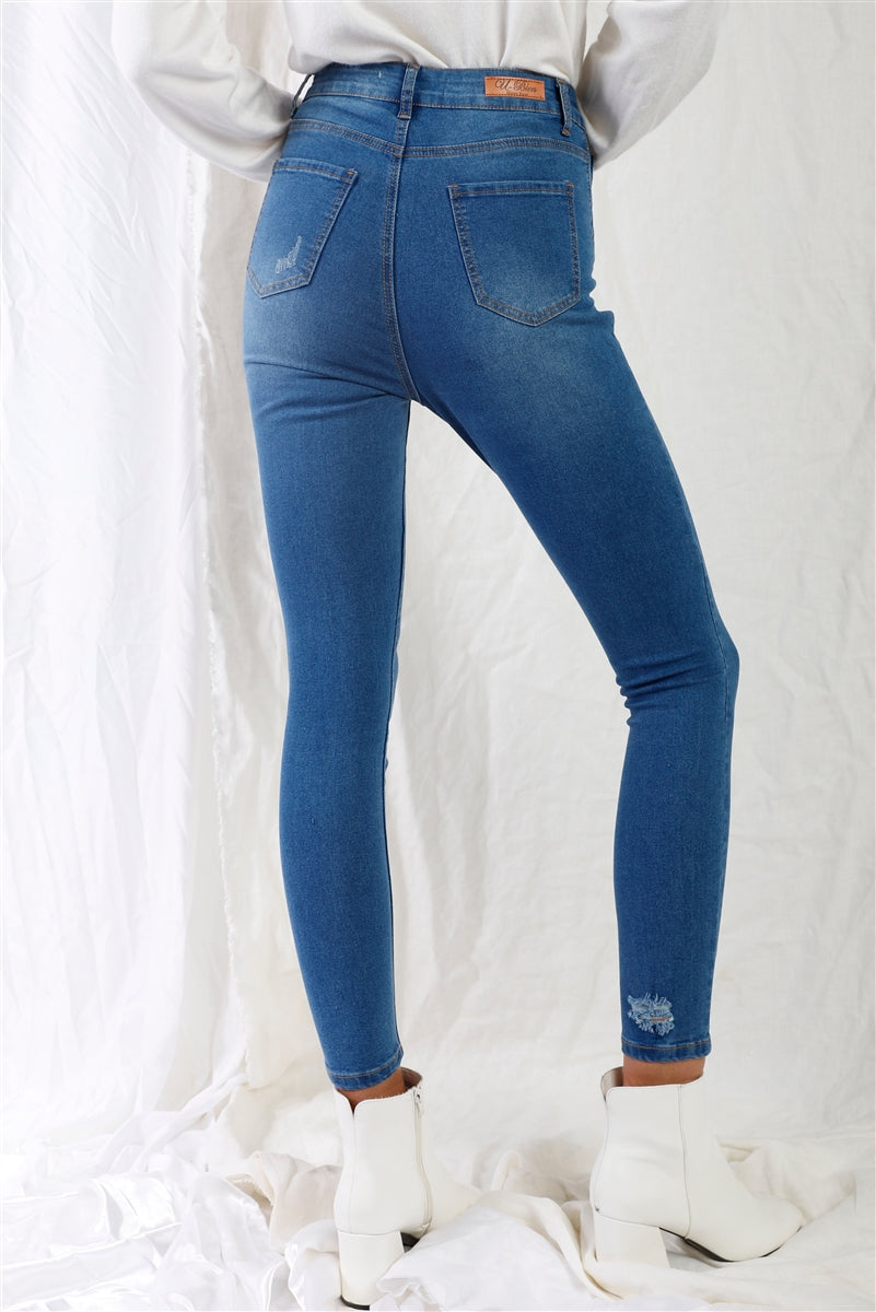 Mid Blue High-waisted With Rips Skinny Denim Jeans product image