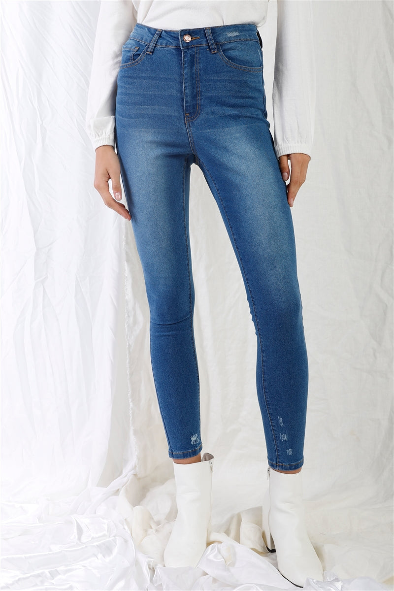 Mid Blue High-waisted With Rips Skinny Denim Jeans product image