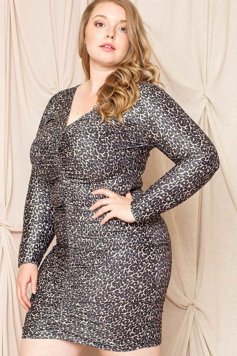 Leopard Print Shirring Plus Size Mini Dress product image