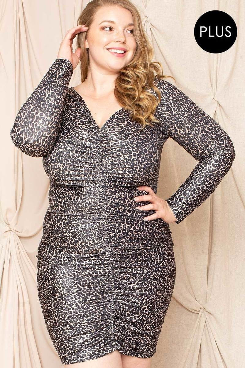Leopard Print Shirring Plus Size Mini Dress product image