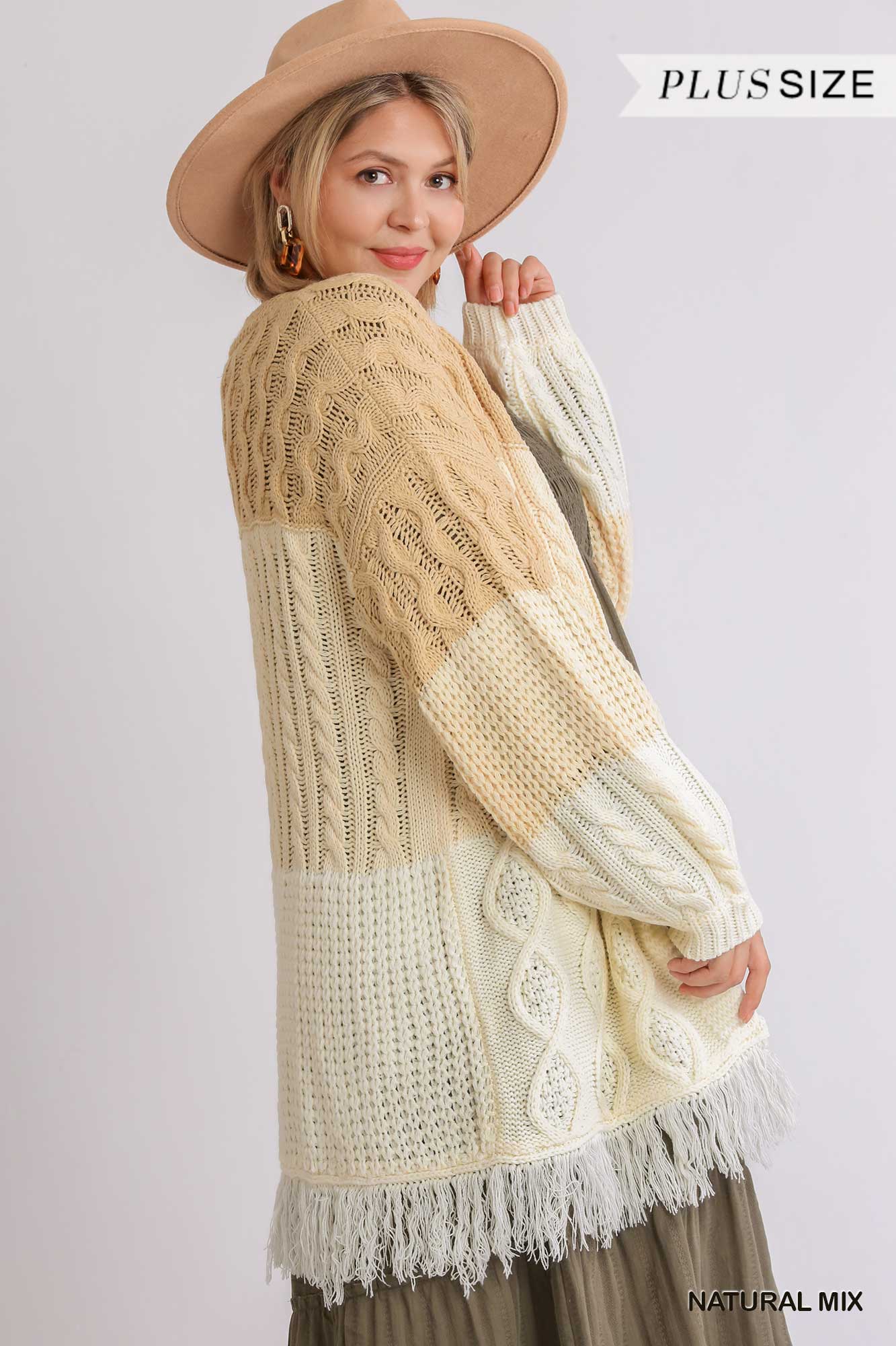 Patchwork Knitted Open Front Cardigan Sweater With Frayed Hem product image