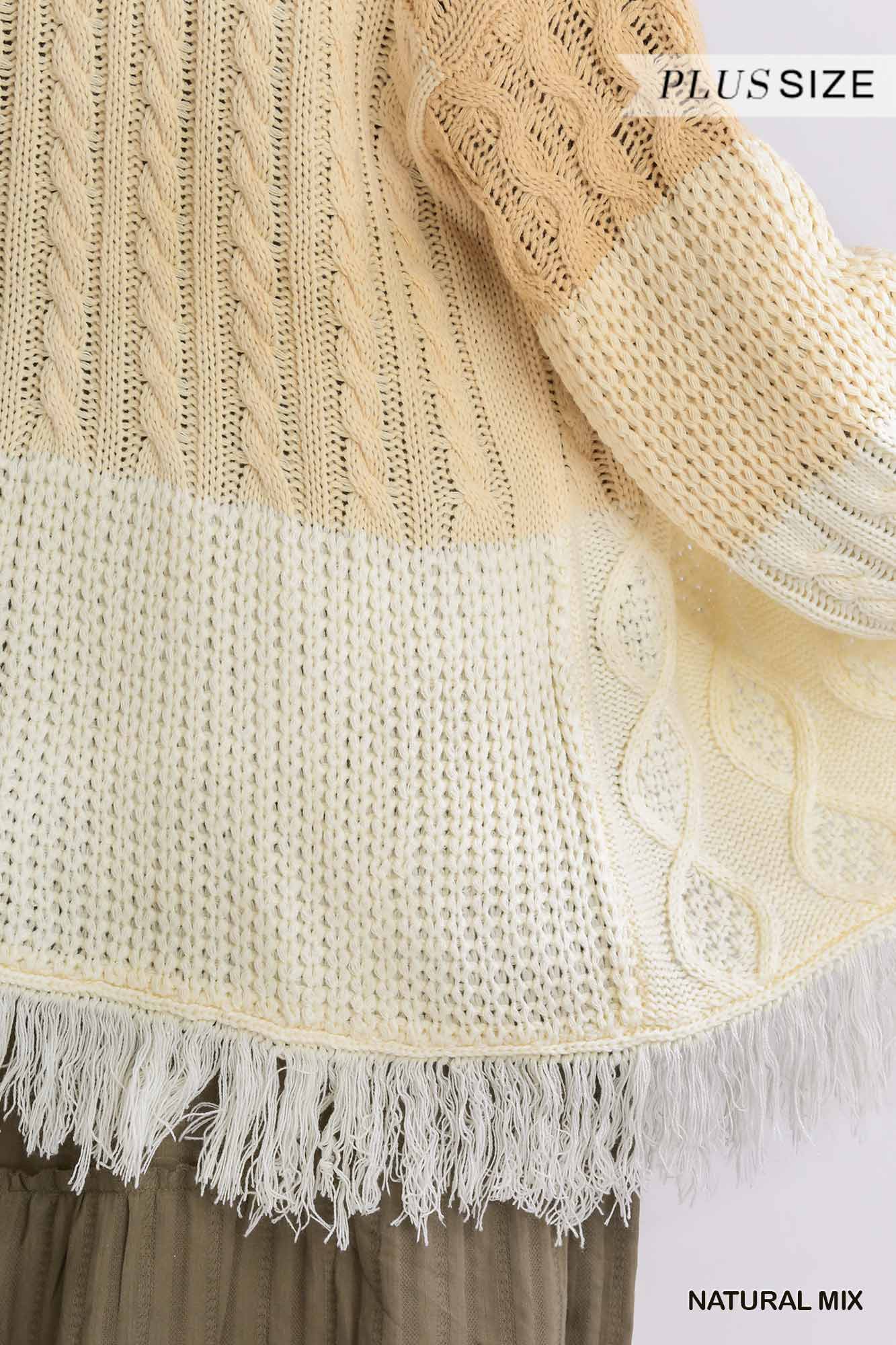 Patchwork Knitted Open Front Cardigan Sweater With Frayed Hem product image