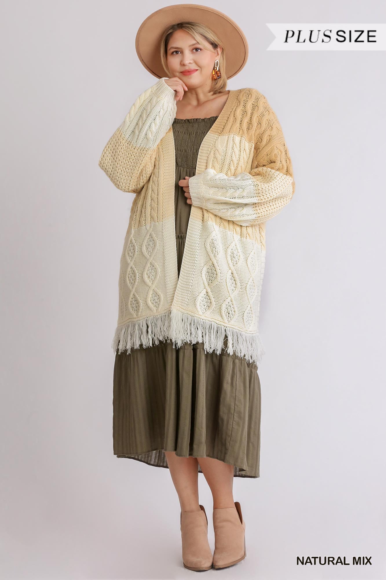 Patchwork Knitted Open Front Cardigan Sweater With Frayed Hem product image
