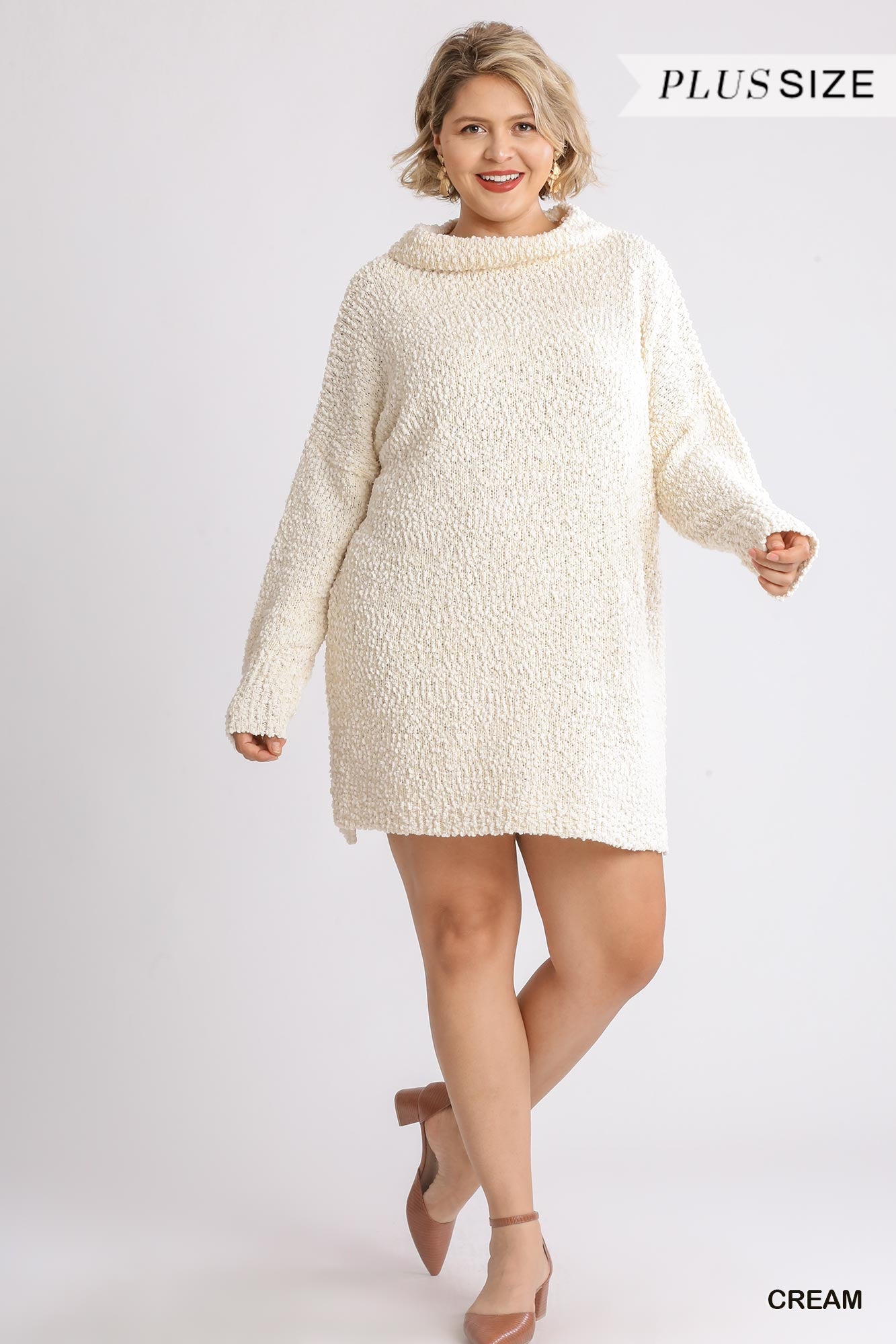 High Cowl Neck Bouclé Long Sleeve Sweater Dress product image