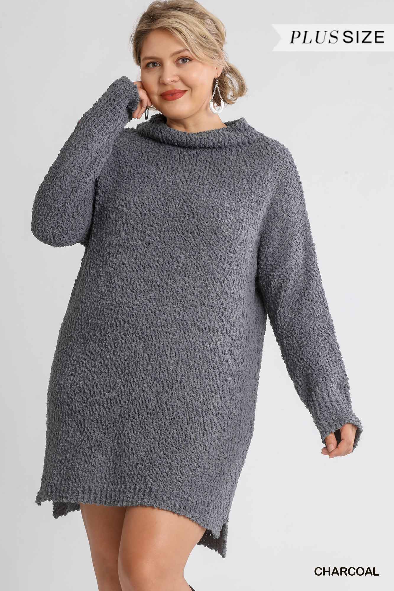 High Cowl Neck Bouclé Long Sleeve Sweater Dress product image