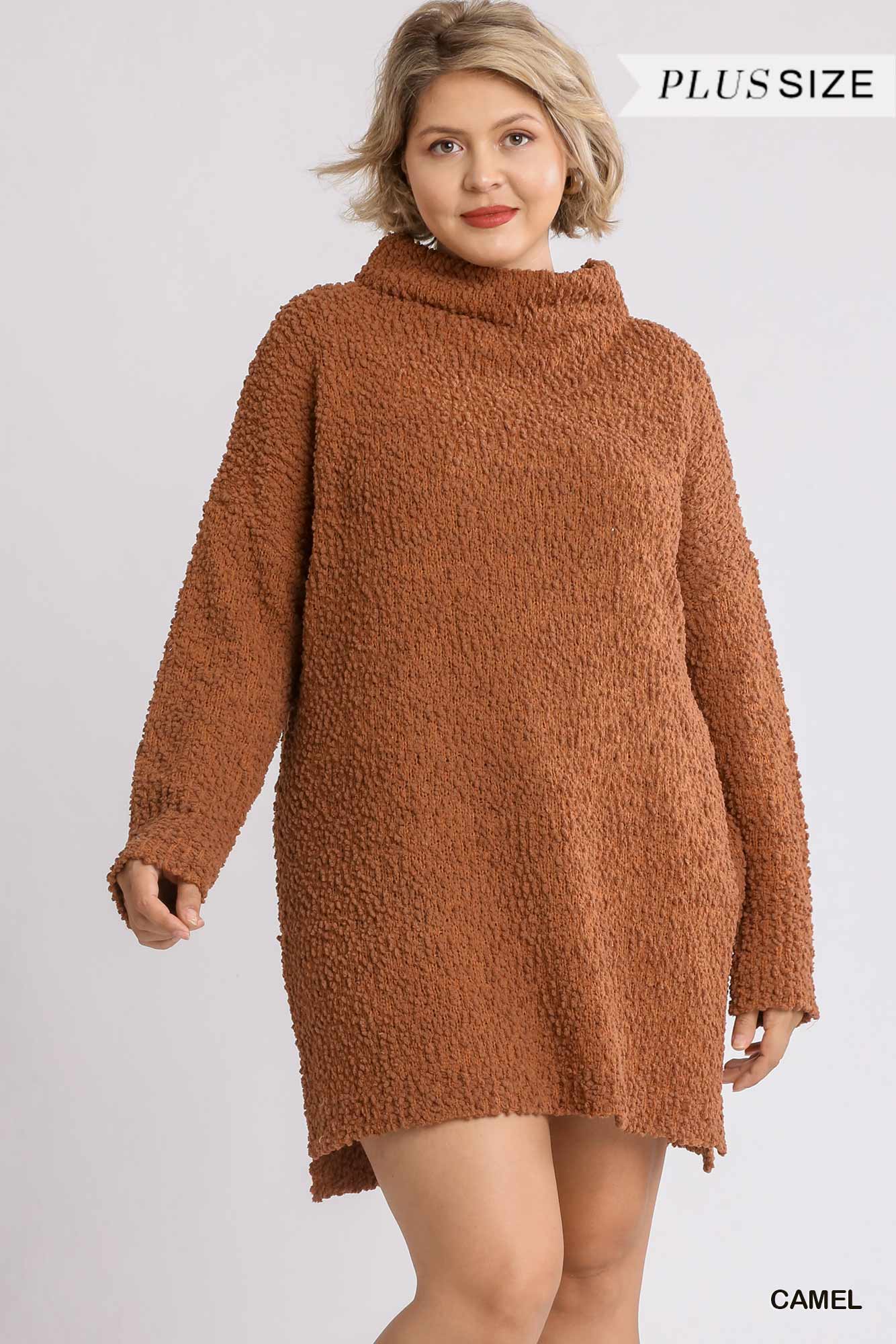 High Cowl Neck Bouclé Long Sleeve Sweater Dress product image