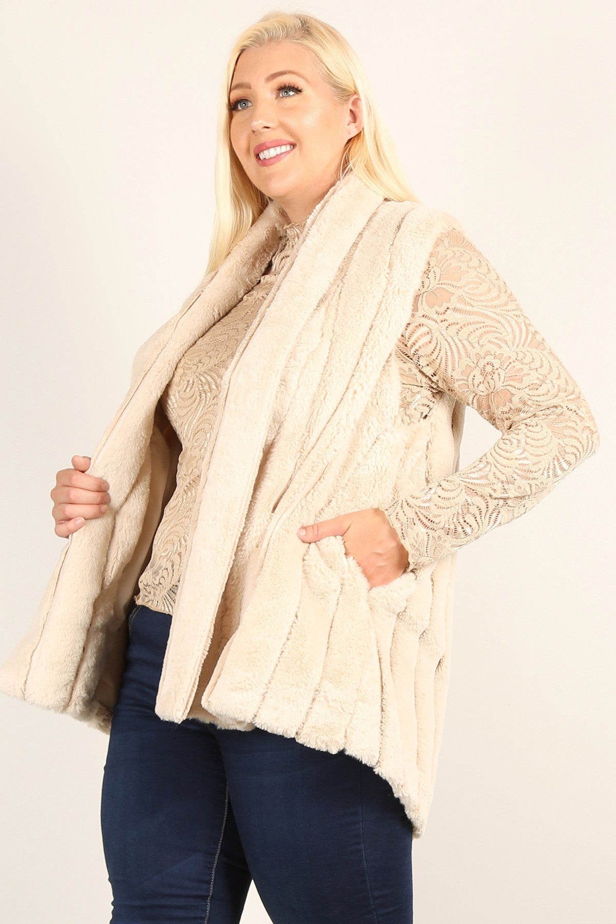 Plus Size Faux Fur Vest Jacket With Open Front, Hi-lo Hem, And Pockets product image