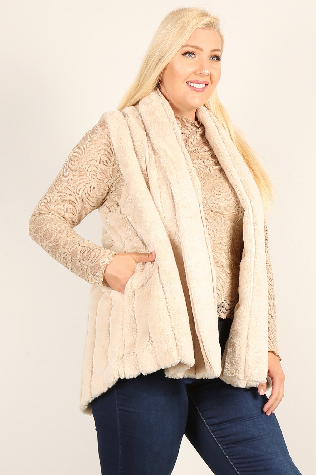 Plus Size Faux Fur Vest Jacket With Open Front, Hi-lo Hem, And Pockets product image