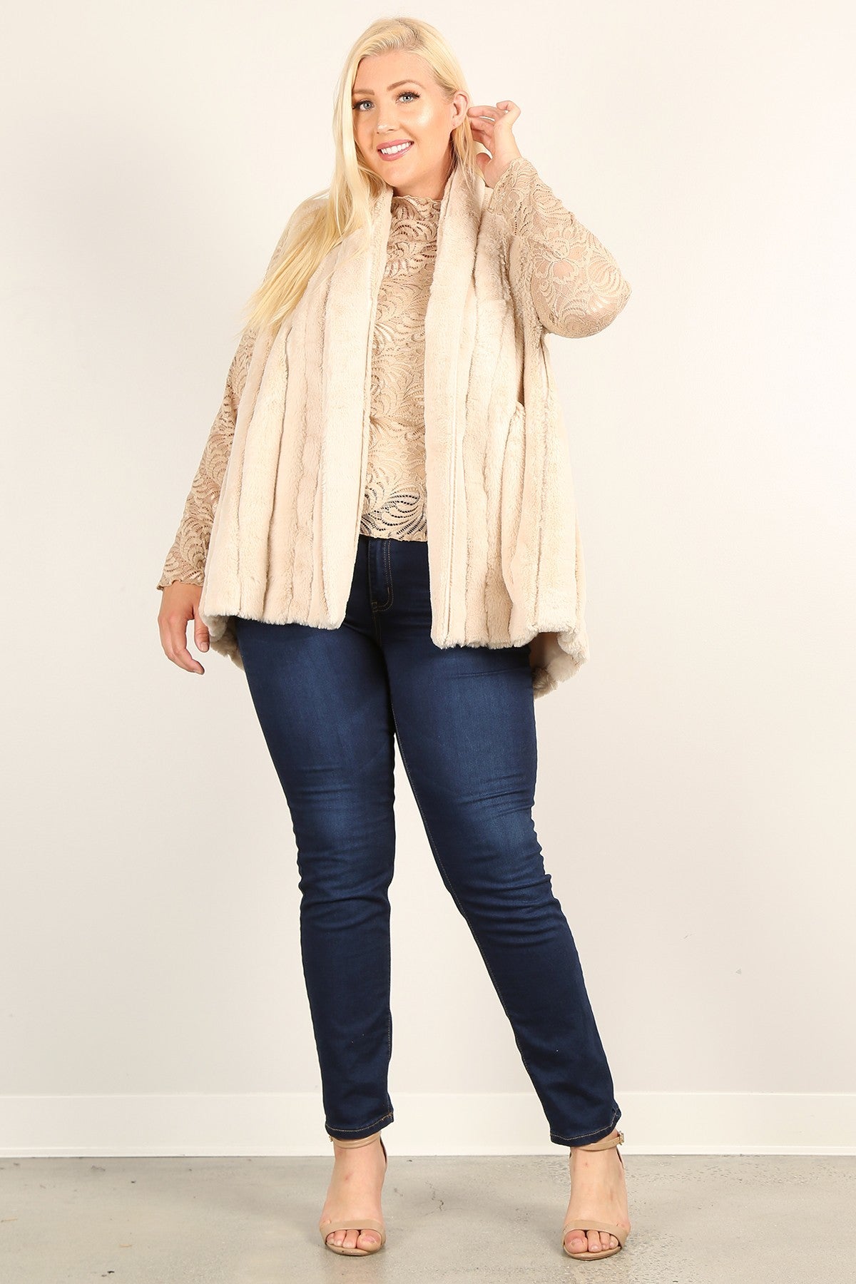 Plus Size Faux Fur Vest Jacket With Open Front, Hi-lo Hem, And Pockets product image
